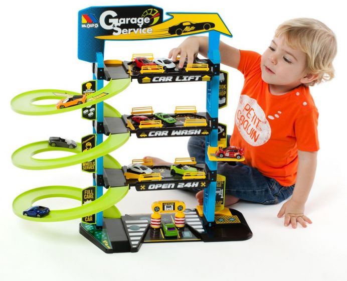 Maxi Garage en bois pour enfant. Parking à étages avec 5 véhicules