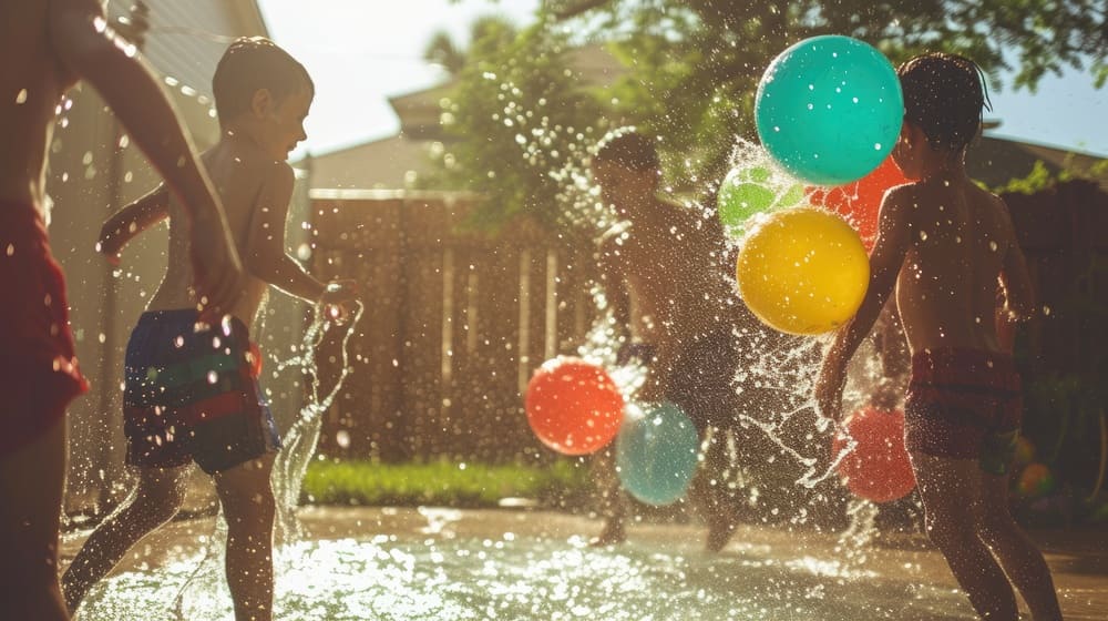 Niños jugando con globos de agua en el jardón